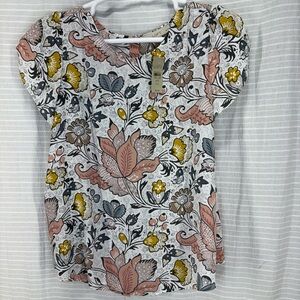 LOFT White Floral Puff-Sleeve Top with Pink and Mustard Accents